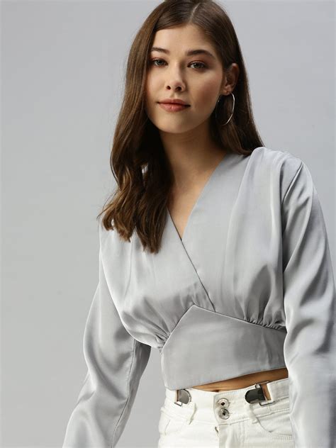 Shop Women's Grey Satin Wrap Crop Top | Showoffff