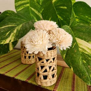 White Zinnia Flowers in Rattan Flower Vase