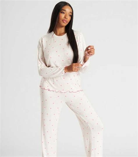 Loungeable Cream Ribbed Trouser Pyjama Set with Heart Print | New Look
