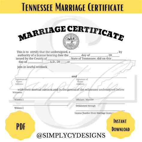 Tennessee Commemorative Marriage Certificate, Digital Download ...