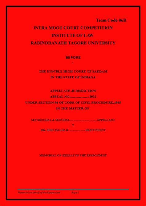 Memorial on Behalf of the Respondent - INTRA MOOT COURT COMPETITION ...