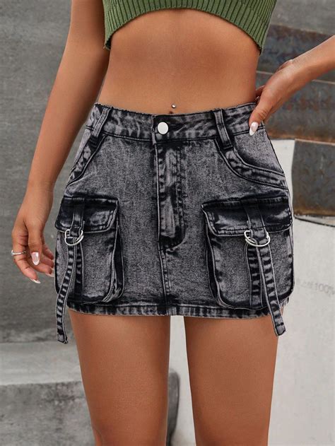 Bolso Com Aba Detalhe De Fivela Saias Jeans | Denim skirt women, Cute ...