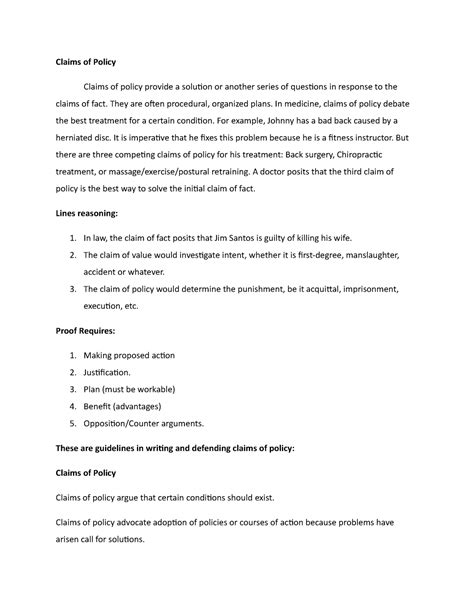 Claims of Policy and Fact and opinion - Claims of Policy Claims of ...