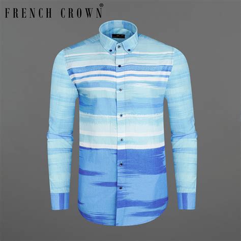 Crystal Sky Blue with Muted Blue Prints Premium Cotton Button-Down ...
