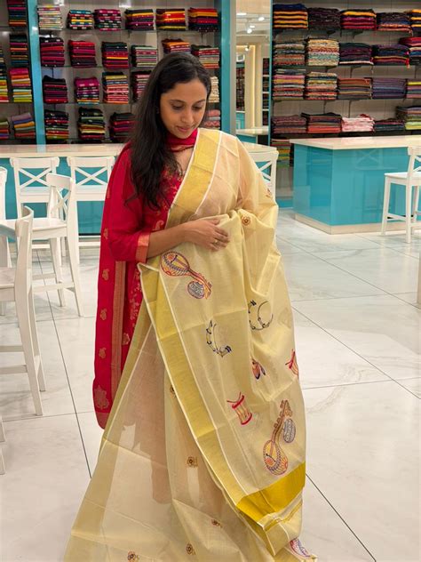 Kerala Tissue Veena Embroidery Saree SL302 – Southloom.com - Kerala ...