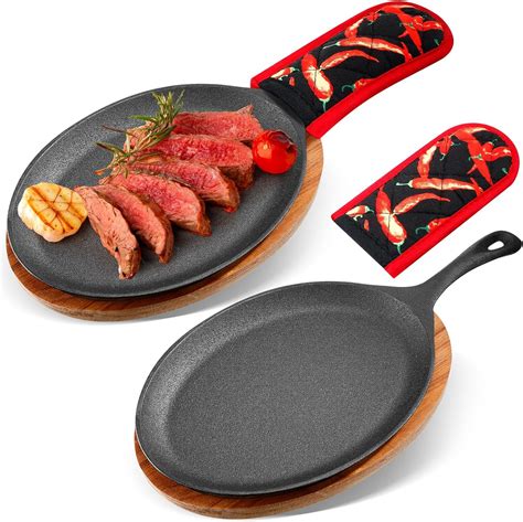 Amazon.com: Lallisa 2 Sets Cast Iron Fajita Plate Set Fajita Plate Pan ...