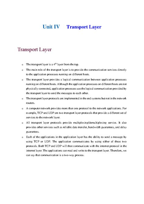 Unit 4 Notes - Understanding the Transport Layer Functions - Studocu