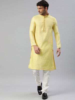Buy Manthan Mens Yellow Blended Viscose Self Design Kurta Churidar (Set of 2) Online