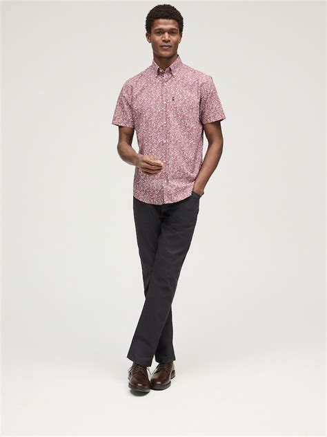 Buy Burgundy Red Floral Easy Iron With Button Down Collar Short Sleeve ...