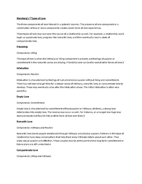 Sternberg's theory of love - Sternberg's 7 Types of Love The three components of love interact ...