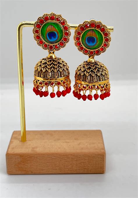 Royal Peacock Jhumka Earrings- Red – PearlsOnline