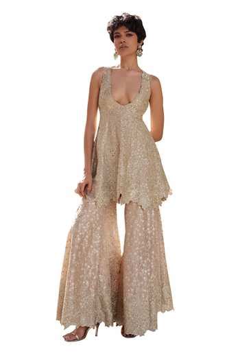 Buy Beige Tissue, Silk Embroidery, Zari Open Neck Floral Top And Flared ...