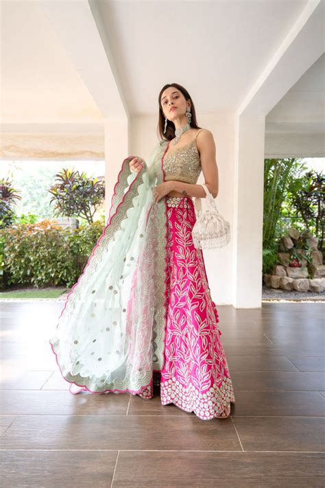 MEADOW PINK AND MINT MIRRORWORK LEHENGA SET | Nandita Thirani