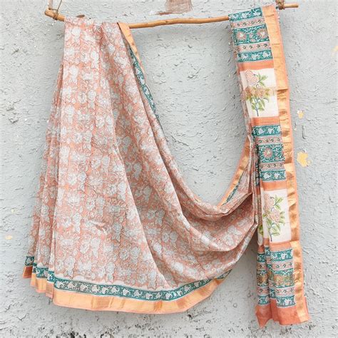 MAHESHWARI-White With Green And Orange Jaipuri Block Print Saree ...