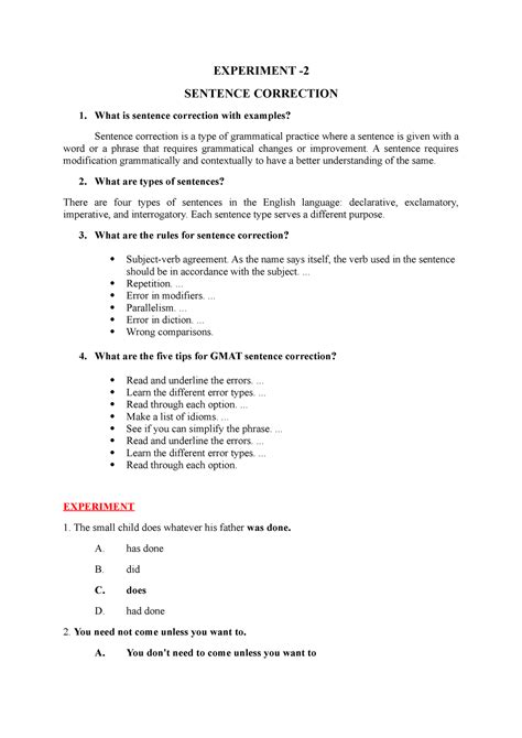 Sentance currecition - sentence correction - EXPERIMENT - SENTENCE ...