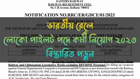 ভারতীয় রেলে লোকো পাইলট নিয়োগ 2023 | Eastern Railway RRC Loco Pilot ...