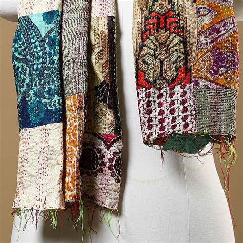 Multicolor Bengal Kantha Work Reversible Patchwork Silk Stole – iTokri ...