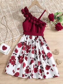 SHEIN Tween Girl Floral Print Asymmetrical Neck Ruffle Trim Belted ...