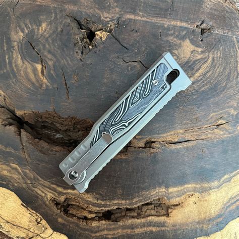 Reate EXO M T/E Gravity Knife Titanium Handle w/ Black White G10 Damascus Pattern Inlay Satin ...