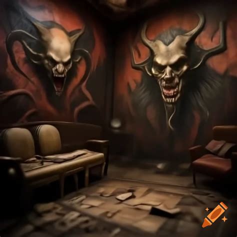 Realistic scary house interior with large room featuring demonic ...