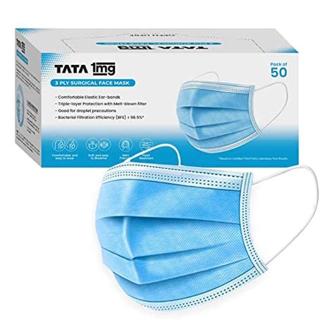 Tata 1mg 3 Ply Surgical Face Mask With Meltblown Filter And Nose Pin ...