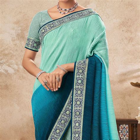 Light Blue Sequence Embroidered Chiffon Half & Half Saree