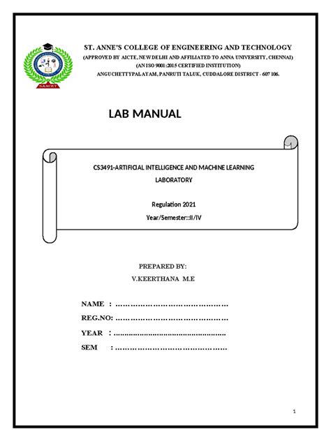 CS3491 AI & ML Lab Manual - Experiments & Implementations Guide - Studocu