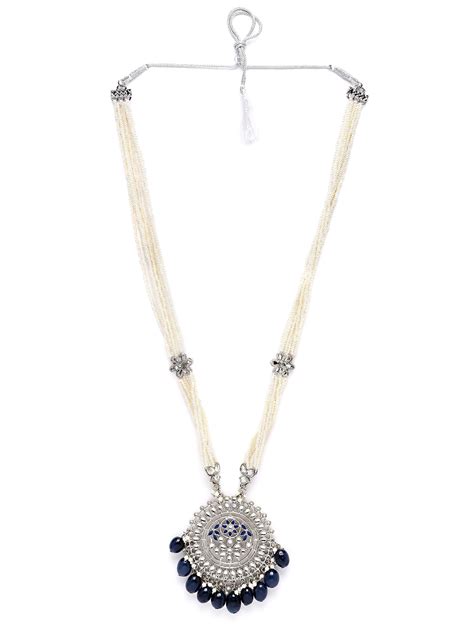 Karatcart Silver Tone Blue Tumble Kundan Rani-Haar Necklace Set for Wo