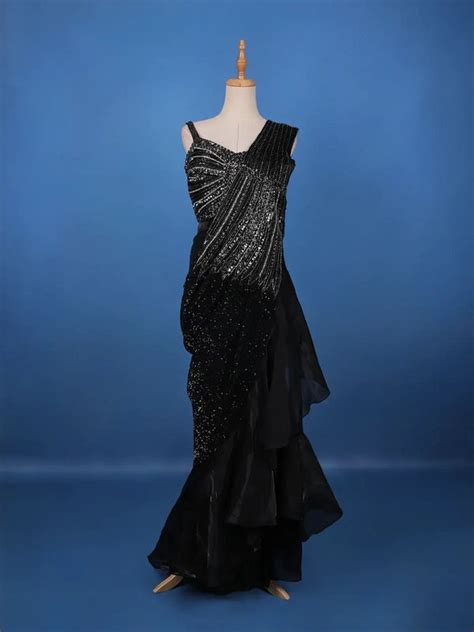 Black Sequins Embellished Satin Ready To Wear Saree