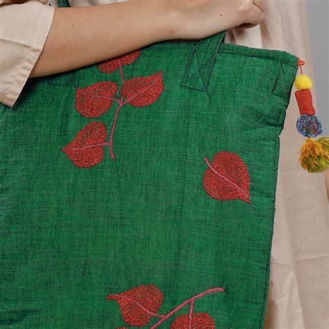 Green Chandi Maati Kantha Work Cotton Tote Bag