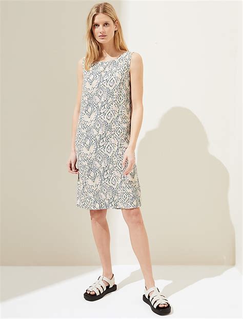 Buy Linen Rich Printed Round Neck Shift Dress at Marks & Spencer