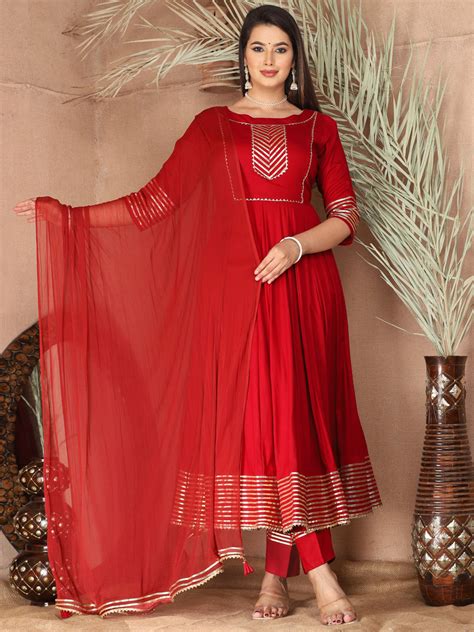 Women's Red Gotta Patti Rayon Stiched Party Anarkali Kurta Set – Trendia
