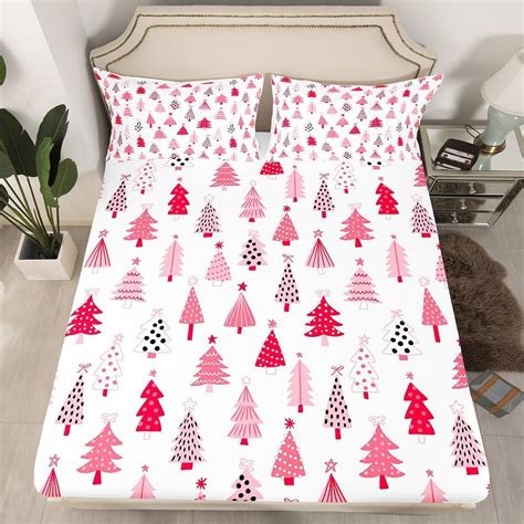 Amazon.com: Manfei Pink Xmas Trees Fitted Sheet Full Size, Christmas ...
