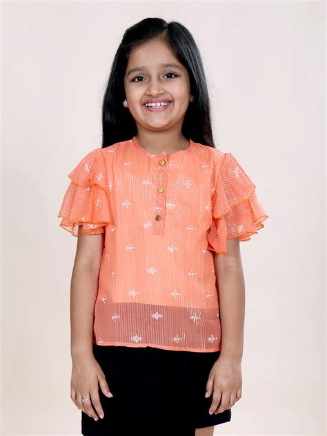 Girls Rayon Woven Multi Layer Flounce Sleeves Floral Printed Top ...