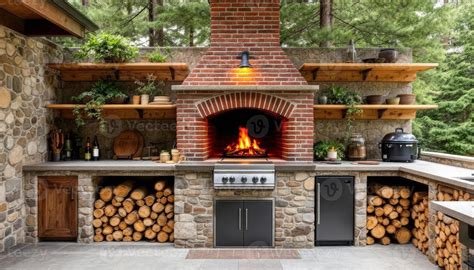 Rustic outdoor kitchen with brick fireplace and wood storage with ...