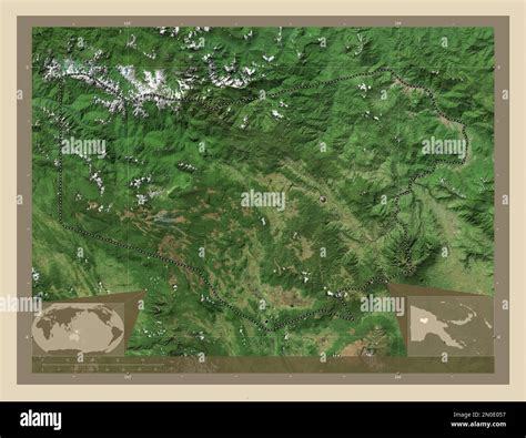Enga, province of Papua New Guinea. High resolution satellite map. Locations of major cities of ...