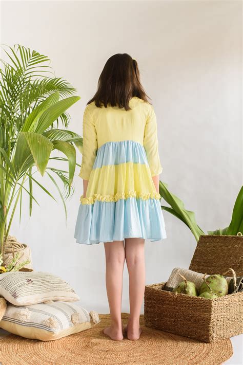 Sunset at Alleppey- Blue & Yellow Organic Cotton Tiered Dress For Girl ...