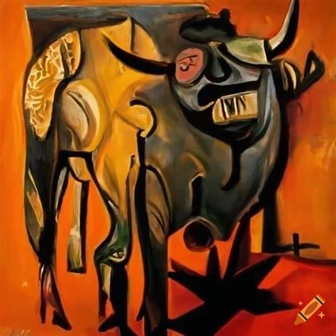Spanish bull and cross in a suffering scene inspired by Pablo Picasso ...