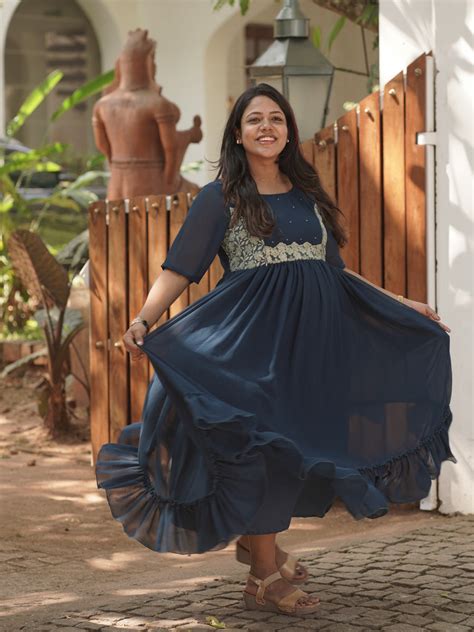 Royal Peacock Blue Maternity Party-Wear Dress with D-Net Yoke & Pleate ...