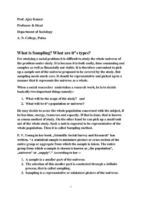 Sampling Types and Methods - Sociology 101 - Prof. Ajay Kumar - Studocu