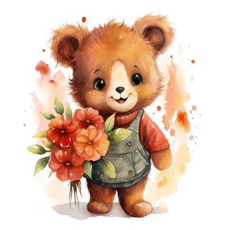 Premium Photo | Watercolor illustration of a cute bear cub holding a ...