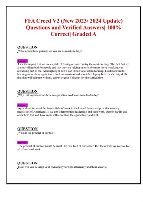 FFA Creed V2 (New 2023/ 2024 Update) Questions and Verified Answers ...