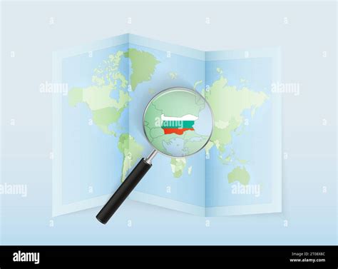 A folded world map with a magnifying lens pointing towards Bulgaria. Map and flag of Italy in ...