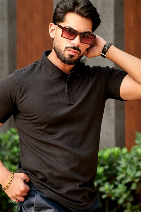 Black Cotton (Drop Needle) Self Design Polo T-Shirt – Gritstones