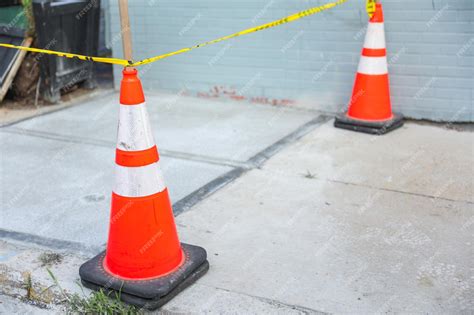Orange and white traffic cones with graffiti on them and a yellow ...