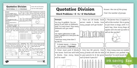 Quotative Division Word Problems Worksheet