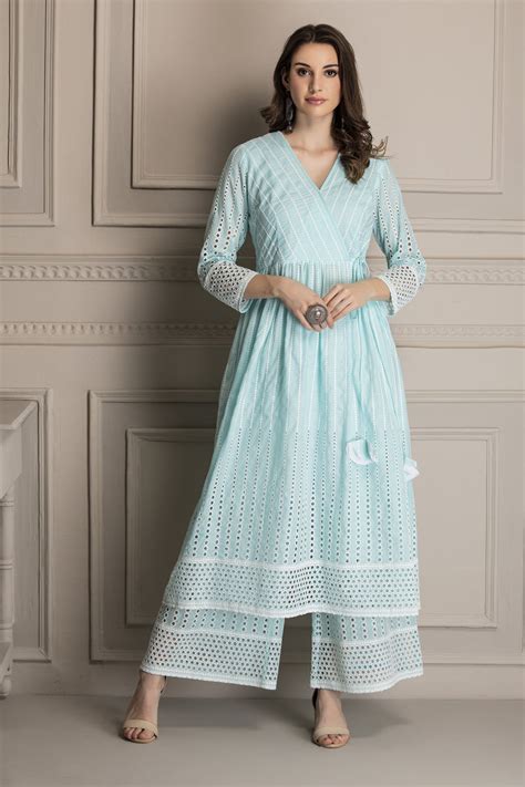 Aqua Angrakha Style Chikankari Kurta set – Sewandyou