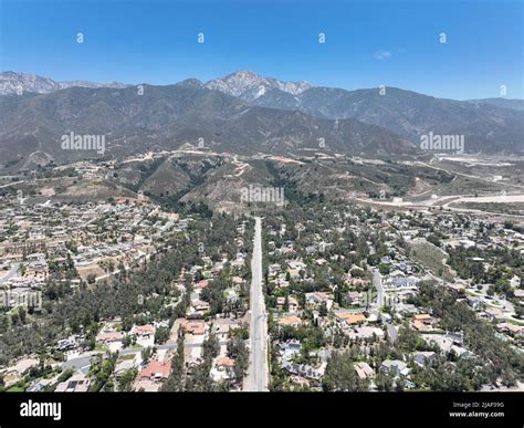 Aerial view of wealthy Alta Loma community and mountain range, Rancho ...