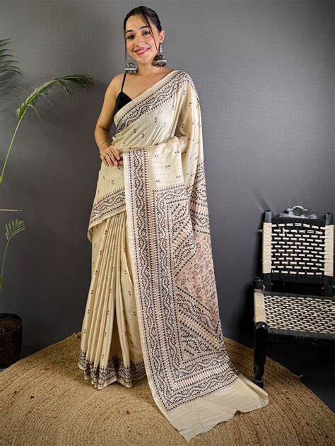 Cream Tussar Silk Madhubani Print Saree Online Vastranand