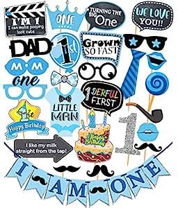 SYGA First Birthday Photo Booth Props with Banner-27Pcs (Blue Color ...